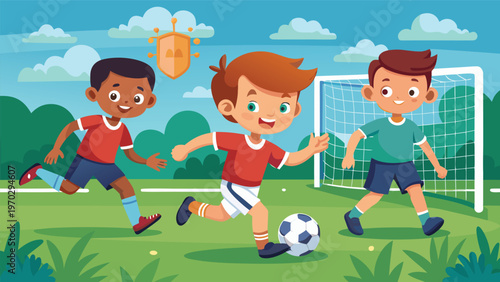 Three energetic young boys playing soccer on a green field with a soccer goal and a shield icon in the background