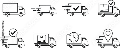 Delivery truck transportation logistics icons showing shipping status speed cargo box and location pin.