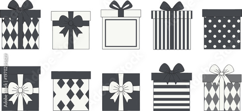 Gift boxes with different patterns, presents for holidays, celebration surprise, decorative packaging.