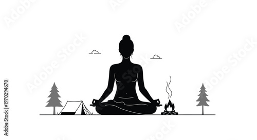 Woman meditating in nature with a campfire trees and tent silhouette