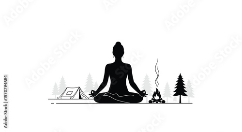 Meditating woman in lotus position with campfire and tent black silhouette