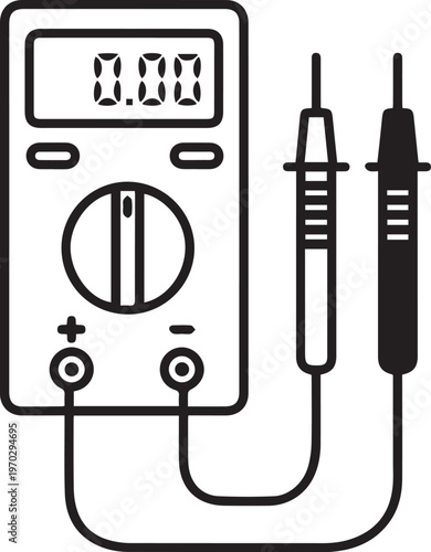 Professional Black and White Multimeter Vector Icon with Probes for Electrical Testing, Circuit Diagnostics, Engineering Tools, Technical Documentation, Power Measurement, Voltage Current