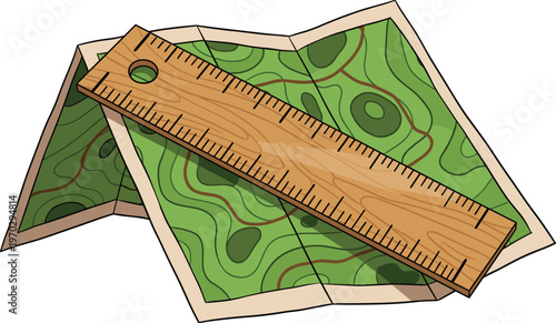 Topographic map with wooden ruler for navigation and distance measurement isolated vector illustration.