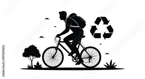 Cyclist with backpack rides past trees and recycling arrows a black silhouette