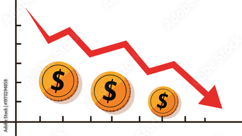 Financial crisis chart with declining red arrow and dollar coins loss of money concept.