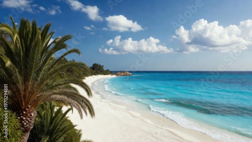 Sweeping crescent of white sand bordered by palm fronds and vivid turquoise ocean under a blue sky.