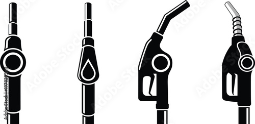 Gasoline fuel pump nozzle silhouettes in different views for gas station service and energy industry.