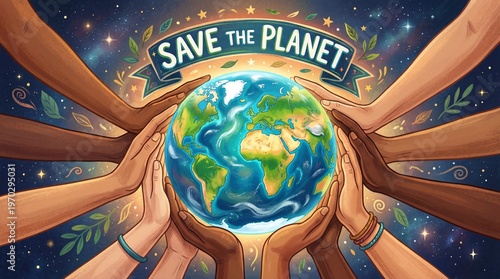 Diverse hands cradle a luminous Earth, illustrating global unity and shared responsibility for environmental care, fostering a sustainable future