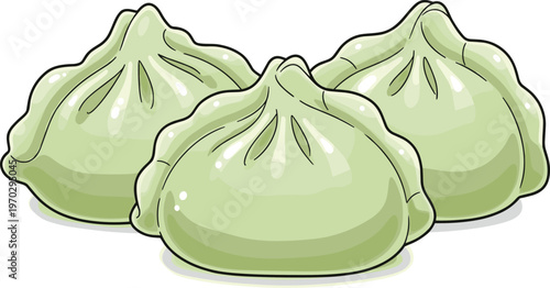 Green steamed dumplings group illustration in traditional asian food style for culinary menu design.