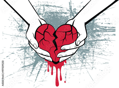 Hands Cupping Bleeding Broken Heart With Grunge Texture