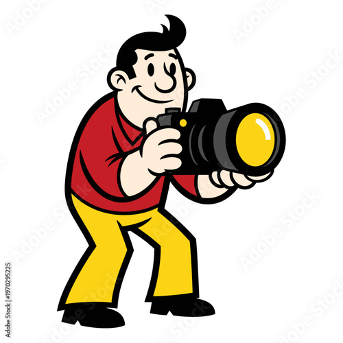 Cheerful male photographer in a red shirt and yellow trousers holding a large camera for photography blogs, creative websites, hobbyist clubs, and educational materials, with copy space.