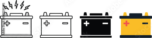 Car battery icons in sketch, outline, silhouette, and flat styles, isolated on white, vector illustration for automotive maintenance, electrical energy infographic, and professional vehicle repair con
