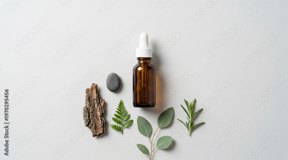 Fototapeta premium Natural ingredients for skincare and aromatherapy with dropper bottle with essential oil with alternative medicine with beauty products with amber bottle with flat lay