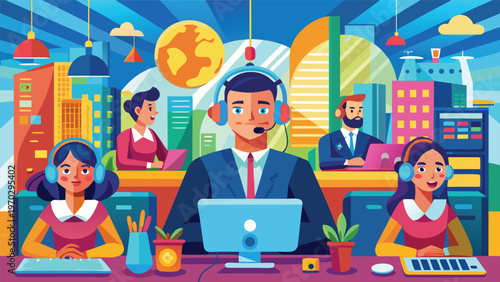 Diverse customer service team wearing headsets, working in a modern call center with a globe and cityscape backdrop, symbolizing global communication and support