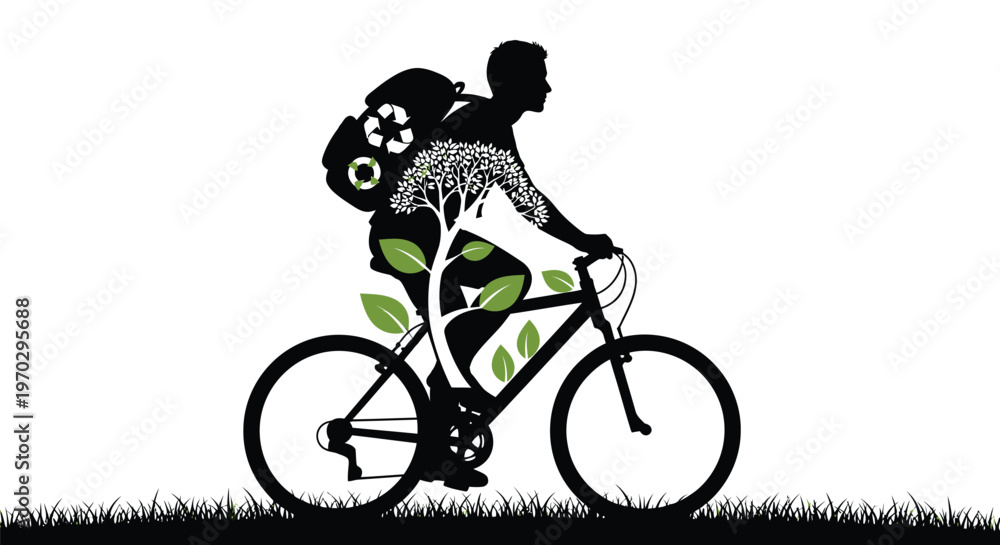 Fototapeta premium Cyclist with nature filled backpack rides across grassy field a striking silhouette