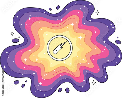 Cosmic explosion with comet icon in center, surrounded by colorful layers and stars.