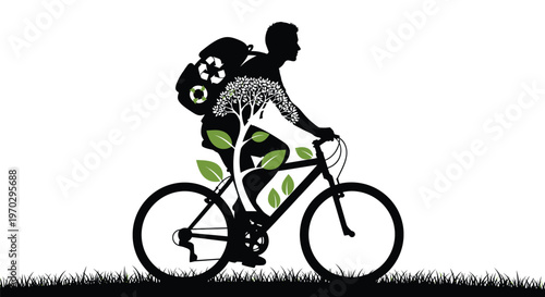 Cyclist with nature filled backpack rides across grassy field a striking silhouette
