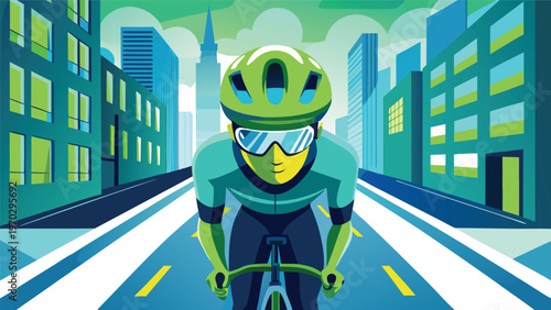 A cyclist in a green helmet and blue jersey rides intensely down a city street lined with colorful buildings, under a vibrant orange and blue sky