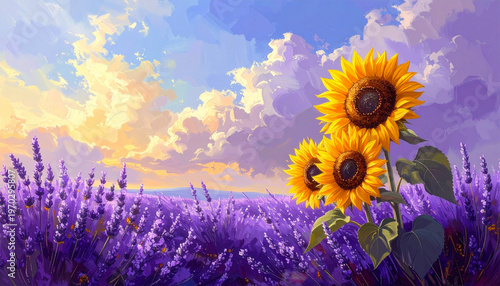 Sunny Lavender Field With Sunflowers.