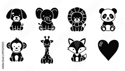 A collection of monochrome animal icons including a dog elephant lion giraffe monkey fox and panda high quality professional detailed modern