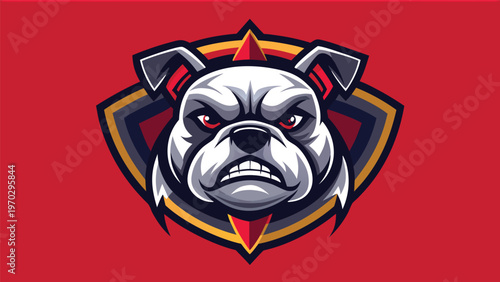 Fierce bulldog mascot with an intimidating expression, sharp teeth, and piercing eyes, outlined in green and purple against a dark background, symbolizing power and aggression