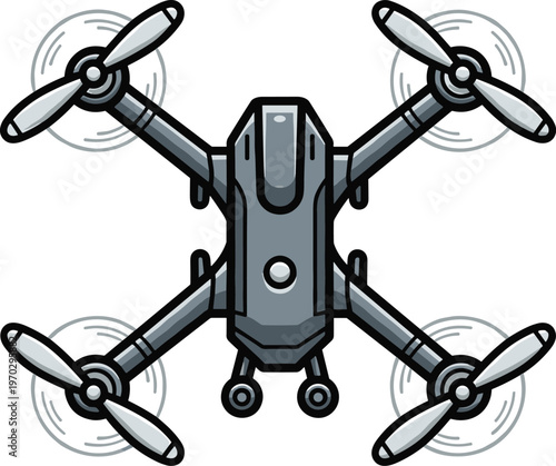Top view of a modern gray drone with four propellers and landing gear on a transparent background.