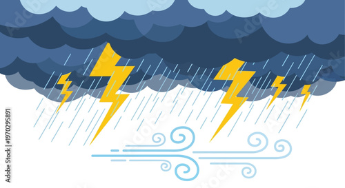 A dramatic illustration of a thunderstorm with lightning and heavy rain