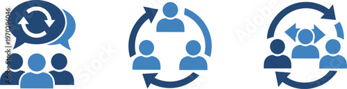 Three blue icons representing team collaboration, discussion, and continuous improvement cycle.