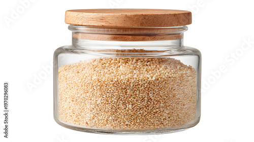 Glass jar filled with amaranth seeds, healthy superfood grain, isolated on white background