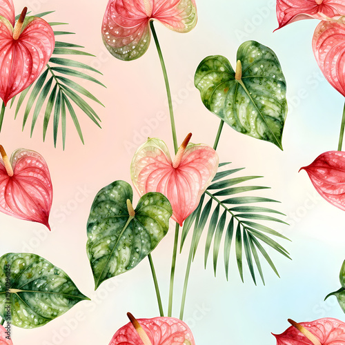 Seamless pattern in boho style, anthurium and palm leaves in watercolor
