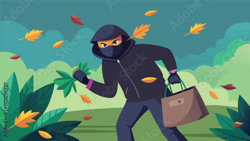 A masked thief in a blue hoodie and orange mask, carrying two large sacks filled with loot, running stealthily through a park with falling leaves, embodying a nighttime crime