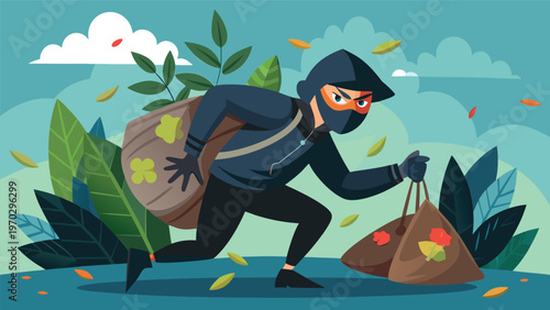 A masked thief in a blue hoodie and orange mask, carrying two large sacks filled with loot, running stealthily through a park with falling leaves, embodying a nighttime crime