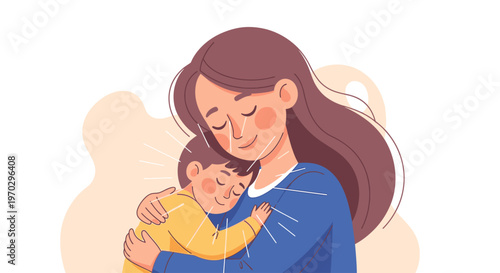 A tender woman with long brown hair hugging a sleeping child in a warm, peach-colored background.