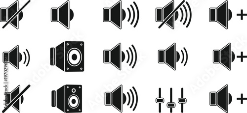 Sound speaker icon set volume control audio music playback mute amplification graphic.