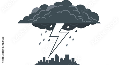 A dramatic illustration of a thunderstorm over a city skyline with dark clouds and lightning