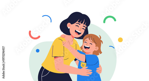 Illustration of a smiling woman hugging a laughing child with colorful confetti in the background, conveying a joyful mood with a flat design style.