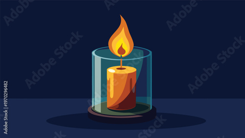 A single candle with a bright orange and yellow flame burns within a clear glass holder, casting a warm glow against a dark teal background, symbolizing hope and light