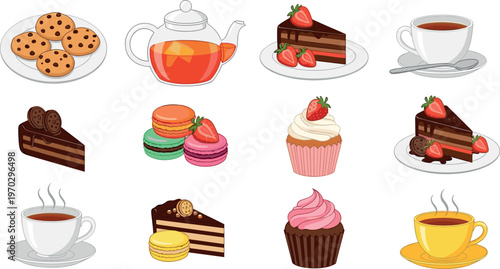 Dessert and tea set vector illustration featuring cakes cupcakes macarons cookies and hot drinks in sweet food collection