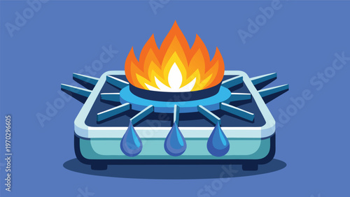 A cartoon gas stove with a bright blue and orange flame, with three blue water droplets falling from its base, set against a solid purple background