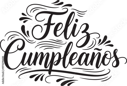 Vector art of feliz cumpleaos greeting with decorative swirls