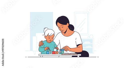 A woman and a senior woman playing with colorful building blocks on a table in a modern room with a light blue background.