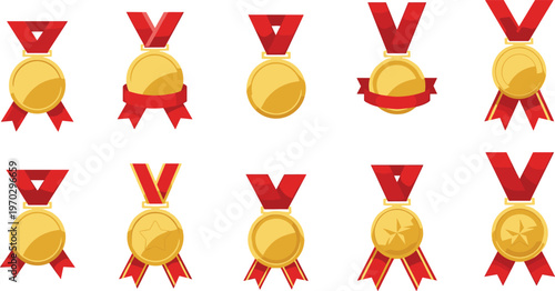 Set of ten gold medals on red ribbons, symbols of achievement, competition, and victory.