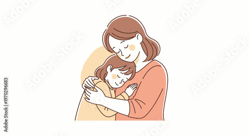A woman with brown hair tenderly hugging a small child with brown hair against a warm yellow background with a simple line art style and a soothing color palette.