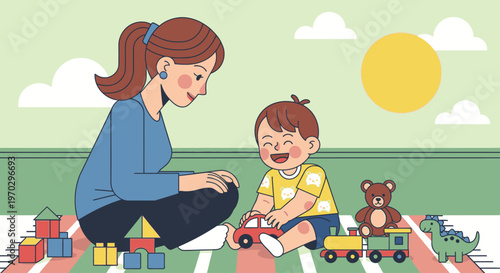 A woman and a toddler playing with toy blocks and trains on a colorful mat outdoors on a sunny day.