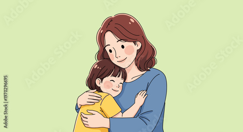A cartoon woman with red hair hugging a child in a yellow shirt against a pale green background with a warm and affectionate mood.