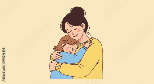 A cartoon illustration of a woman hugging a child against a pale yellow background with warm colors.