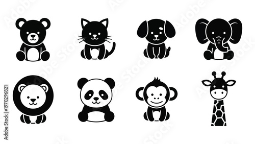 A collection of eight black and white cartoon animal icons including a bear cat dog elephant lion panda monkey and giraffe