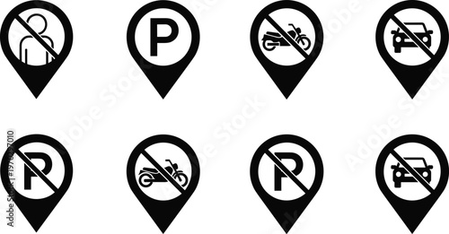 Set of black navigation pin icons for parking restrictions and no entry for vehicles.