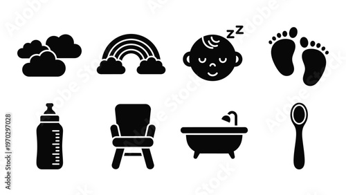 A collection of black silhouette icons depicts baby essentials including a sleeping infant bottle and bath items high quality professional detailed