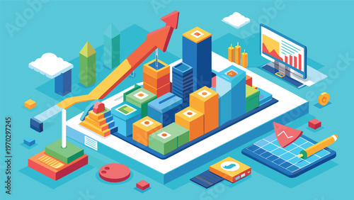 A vibrant isometric illustration depicting a booming business, with a rising arrow graph, city buildings, and digital interfaces symbolizing financial growth and success